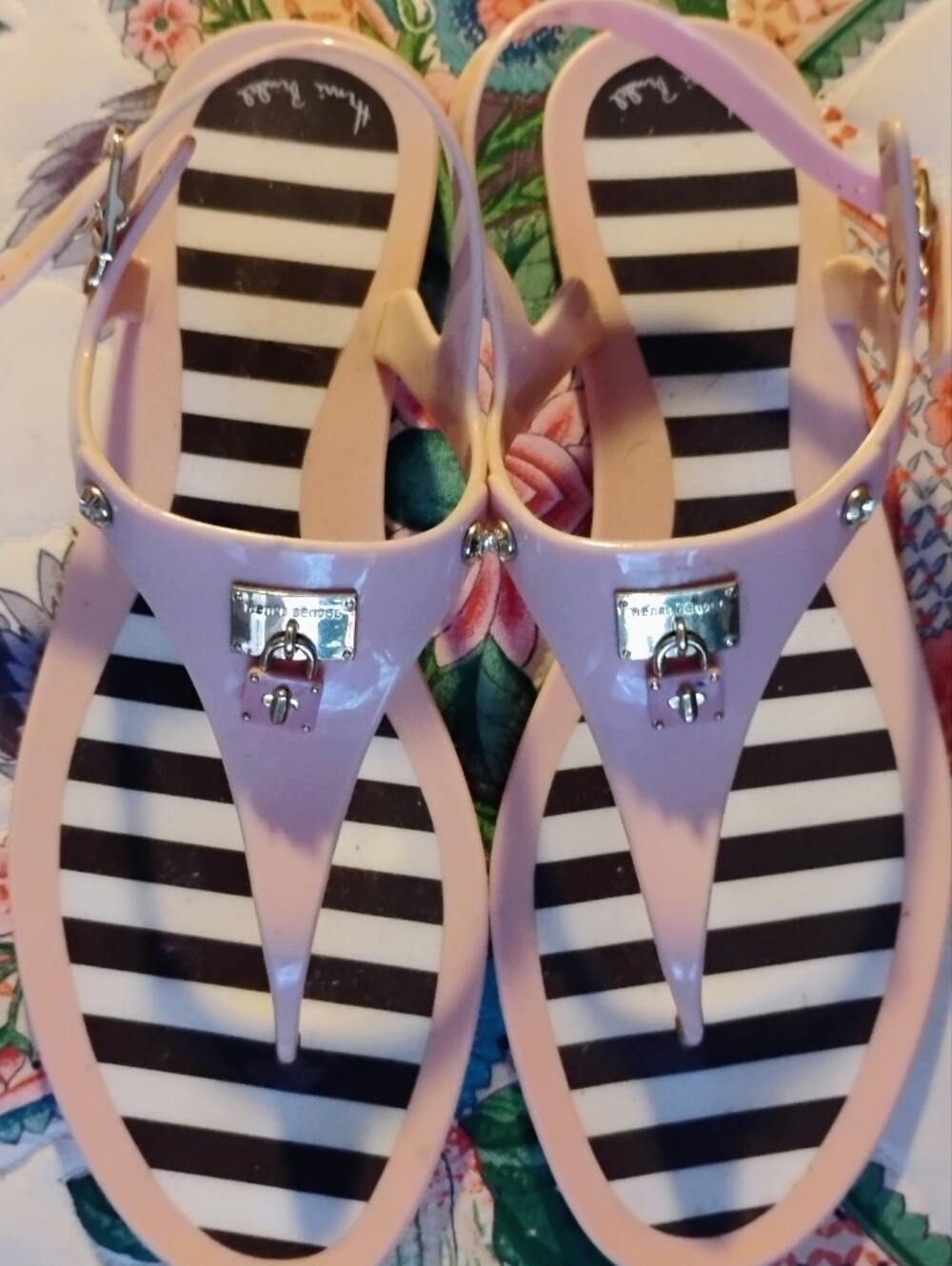Patent Pink Jelly Thong Sandals with Striped Footbed
